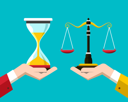 Justice Scales and Hourglass in Human Hands. Vector Crime Punishment Symbol.のイラスト素材