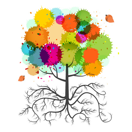 Spring Tree with Roots and Colorful Splashes and Birdsのイラスト素材
