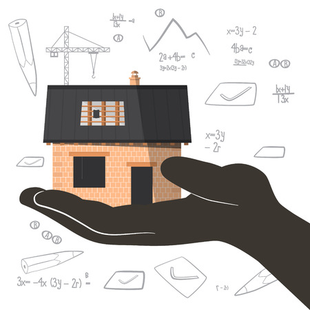 Architect Project with Building Construction in Hand. Vector Project with Abstract Numbers and Graphs. のイラスト素材