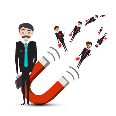 Businessman with Magnet Isolated on White Background. Business Men Job Recruitment Concept. Vector Company Employee Hiring.のイラスト素材