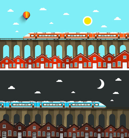 Modern Train on Bridge above City with Houses. Night and Day Landscape Vector Illustration.のイラスト素材