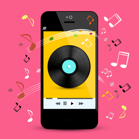 Music Player on Smartphone with LP Disc and Notes on Pink Background. Vector Pop Music Playlist on Cell Phone Application Symbol.のイラスト素材