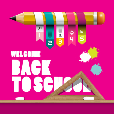 Back to School Design with Pencil, Infographic Elements, Ruler and Splashes on Pink Backgroundのイラスト素材