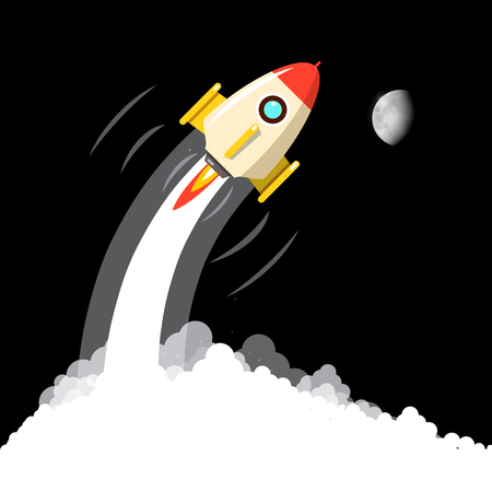 Rocket Launch with Moon on Night Sky. Vector Business Startup Design.のイラスト素材
