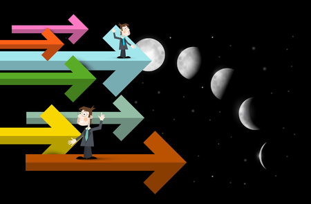 Businessmen on Arrows with Moon Phases Dark Sky on Backgroundのイラスト素材