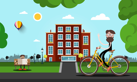 Man on Bicycle with Building on Background. Vector City Park Illustration.のイラスト素材