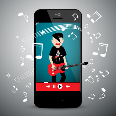 Music App on Cellphone. Rock Guitar Player with Notes. Songs Playlist Symbol on Mobile Phone.のイラスト素材