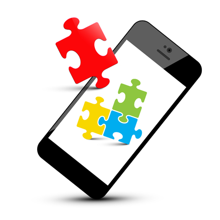 Colorful Puzzle Pieces on Smartphone. Mobile Phone and Jigsaw Isolated on White Background.のイラスト素材