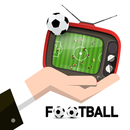 Retro TV with Soccer Ball and Stadium Top View in Human Hand Isolated on White Backgroundのイラスト素材