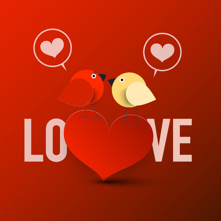 Love Symbol with Heart and Birds in Love on Red Backgroundのイラスト素材