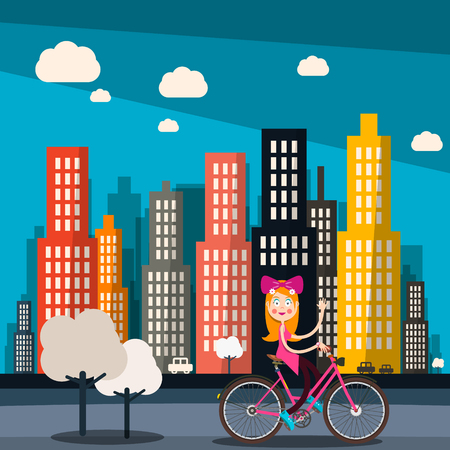 Woman on Bike with City Skyscrapers on Backgroundのイラスト素材