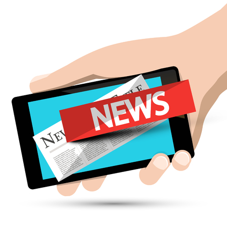 Internet News Design. Phone App with Human Hand. Vector.のイラスト素材
