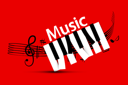 Music Design with Staff and Piano Keys on Red Backgroundのイラスト素材