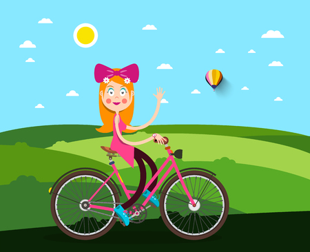 Woman on Bicycle with Meadow on Backgroundのイラスト素材