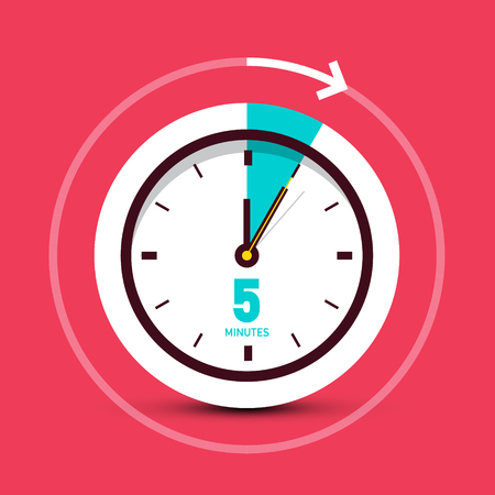 5 Five Minutes Vector Clock Icon with Arrow on Red Backgroundのイラスト素材