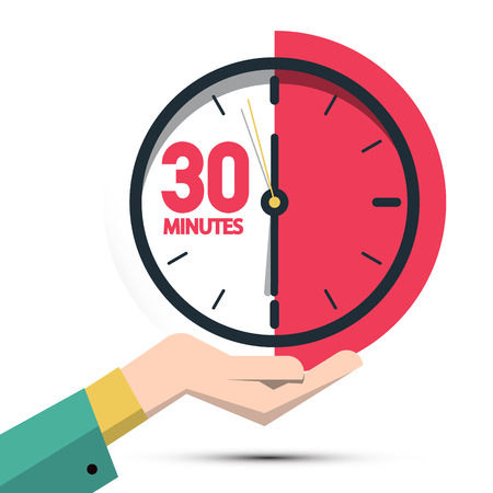 30 Thirty Minutes Clock in Hand. Vector Time Symbol Isolated on White Backgroundのイラスト素材