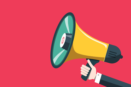Vector Flat Design Megaphone Icon with Human Hand on Red Background. Loudspeaker Symbol.のイラスト素材