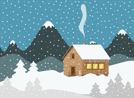 Evening Winter Landscape with Mountains on Background and Wooden Cottage Chimney Smoke. Field and Trees Covered with Snow.のイラスト素材