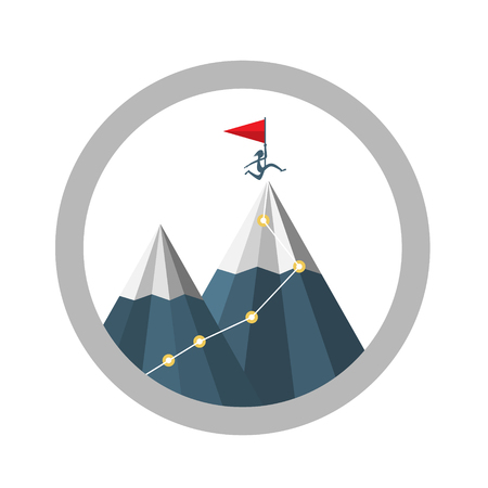 Mountain Top Achievement Vector Symbol with Jumping Man Silhouette with Flag. Business Success Concept.のイラスト素材