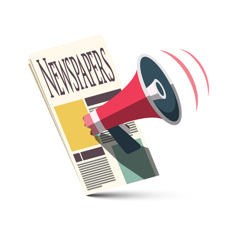 Megaphone with Newspapers. Advertising and Announcement Symbol. Vector News Icon Isolated on White Background.のイラスト素材