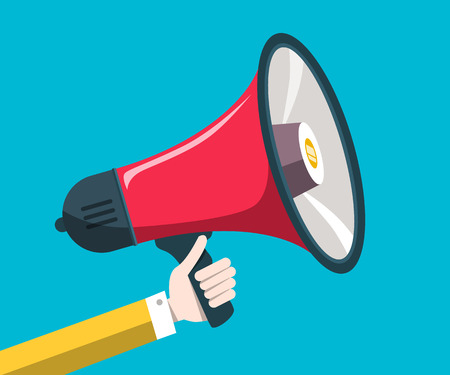 Hand Holding Red Megaphone on Blue Backgroundのイラスト素材