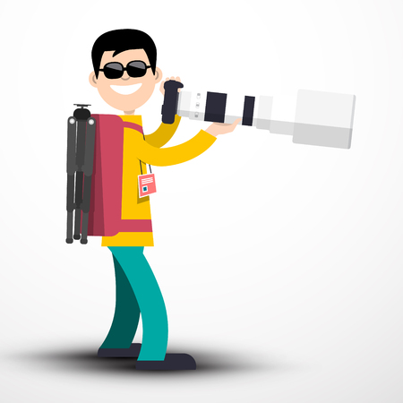 Photographer with Camera and Big Telephoto Lens and Pack on Back Isolated on Light Background - Vector Illustrationのイラスト素材