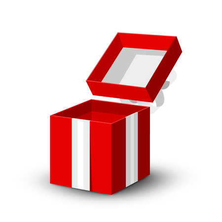 Open Gift Box. Vector Red Paper Present Box with Silver Ribbon Isolated on White Background.のイラスト素材
