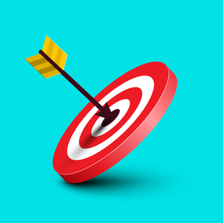 Arrow in Target. Vector Dart in Red Bullseye Illustration on Blue Background.Dartboard Symbol. Marketing Success Icon.のイラスト素材