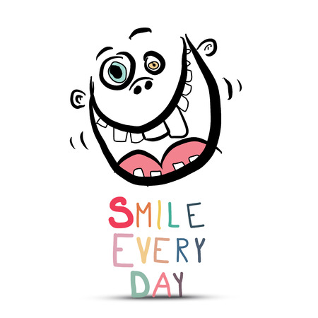 Smile Every Day Slogan with Crazy Face Isolated on White Background - Vectorのイラスト素材