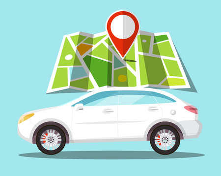 Car Icon with Pin on Map. GPS Navigation Vector Symbol.のイラスト素材