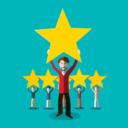 People with Quality Gold Rating Stars. Vector Feedback Symbol.のイラスト素材