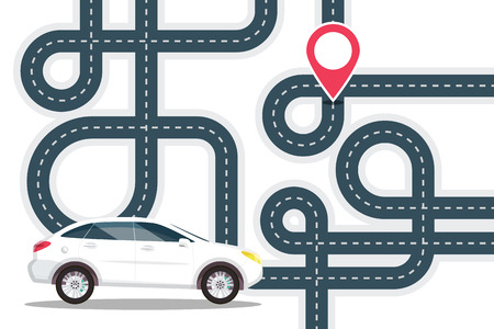 Road Map with White Car on Start and Red Pin the Location on Destination Point. Vector Journey Concept. GPS Navigation Design.のイラスト素材