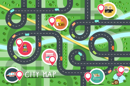 Top View City Road Map with Destination Points - Hospital, Zoo, Supermarket, Fastfood, Bookstore, Hotel and Cinema. Vector Flat Design Aerial View Town.のイラスト素材