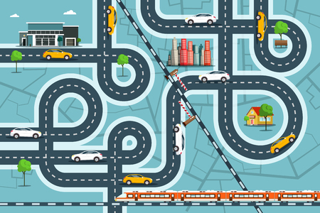 City Map with Cars on Roads. Top View Town Life with Railroad, Streets and Buildings. Vector Overhead Landscape Design.のイラスト素材