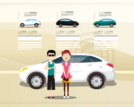 Car Dealer Web Design Vector Presentation. Cars with Happy People on Modern Leaflet.のイラスト素材