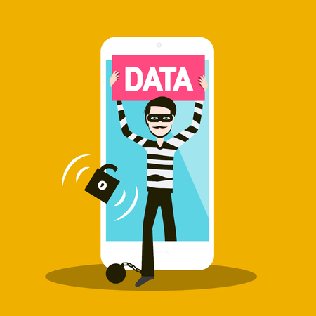 Stolen Data Concept with Thief Unlocked Password on Mobile Phone. Internet Security Vector Design.のイラスト素材