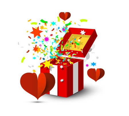 Open Gift Box with Colorful Confetti and Paper Cut Red Hearts Isolated on White Backgroundのイラスト素材