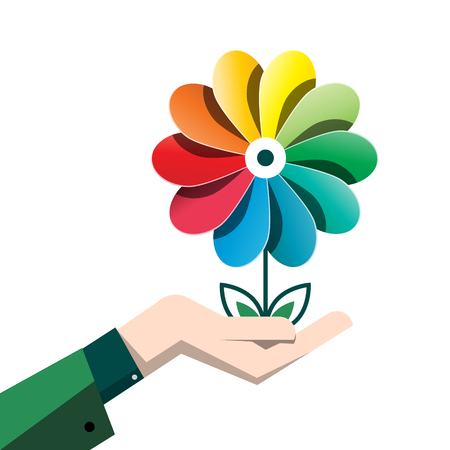 Spring Colorful Vector Flower in Human Hand Isolated on White Background - Earth Day Symbolのイラスト素材