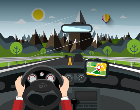 Road with Mountains on Background with Hands on Steering Wheel and GPS Navigation Vector Cartoonのイラスト素材