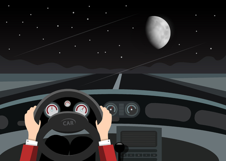 Driving Car on Night with Empty Road, Stars and Moon on Dark Skyのイラスト素材