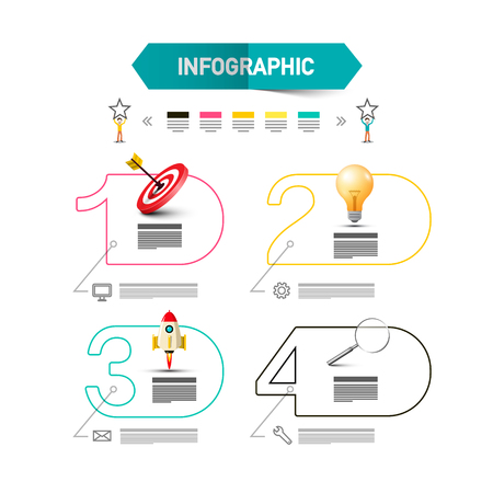 Four Steps Infographic Layout with Rocket Launch, Magnifying Glass, Light Bulb and Bullseye Symbols. Vector Infographics Data Flow Chart. Internet Company Presentation Concept.のイラスト素材