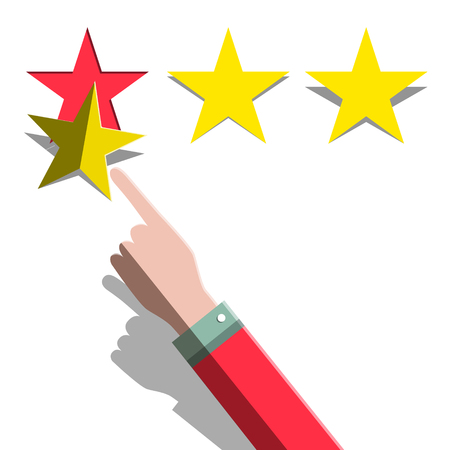 Star Rating Concept. Hand and Three Paper Cut Stars Stickers Vector Flat Design Illustration.のイラスト素材