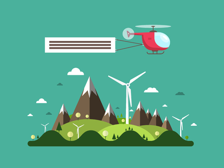 Helicopter over Island. Vector Flat Design landscape with Mountains, Hills and Windmills.のイラスト素材