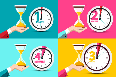 One, Two, Three, Four Minutes Clock Icons. Vector Time Symbol with Hourglass - Sand Clock in Human Hands.のイラスト素材