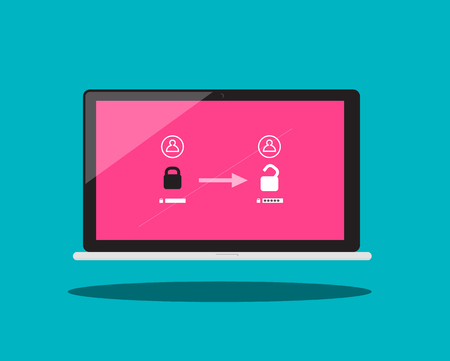 Notebook Lock and Unlock Symbol. Locked and Unlocked Laptop Vector Flat Design Illustration. Internet Security Concept.のイラスト素材