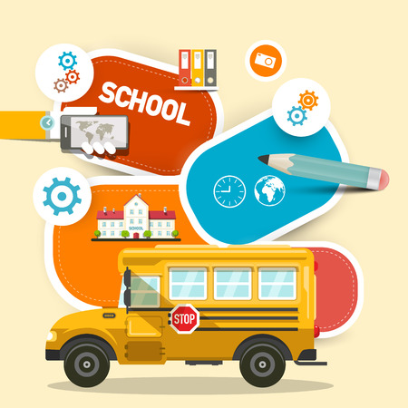 School Bus with Items for Studying Vector Designのイラスト素材