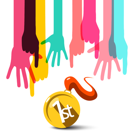 Colorful Hands with First Place Symbol - Gold Medal Vector Conceptのイラスト素材