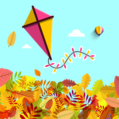 Autumn Leaves with Kite on Blue Sky. Vector Fall Background.のイラスト素材