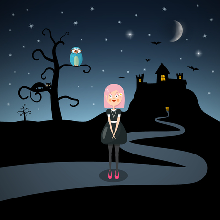 Scary Vector Landscape with Emo Girl, Cat, Owl on Tree and Bats woth Moon above Castle Silhouette.のイラスト素材