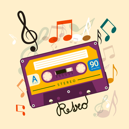 Audio Cassette Tape with Notes - Music Vector Retro Designのイラスト素材